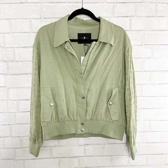 7 For All Mankind Sage Green Lightweight Jacket with Eyelet Lace Sleeves Medium - Picture 1 of 9
